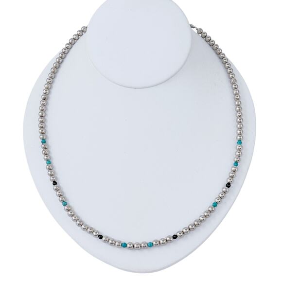 Estate Sterling Silver 925 Turquoise Onyx Beaded Necklace 18"-21" - Picture 4 of 6